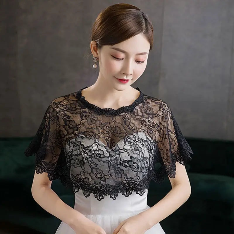 Elegant black lace bolero with floral lace and embroidery for wedding and bridalwear