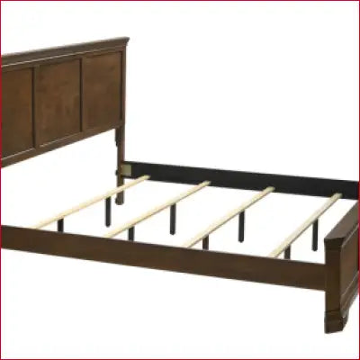 Brown wooden bed frame of Ailany Solid Wood 6 Piece Bedroom Set with antique walnut finish