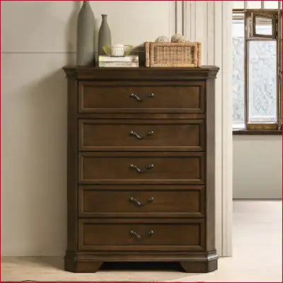 Brown wooden five-drawer chest from Ailany Solid Wood 6 Piece Bedroom Set in antique walnut finish