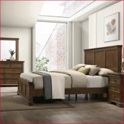 Ailany Solid Wood 6 Piece Bedroom Set in Antique Walnut Finish displayed in a cozy setting