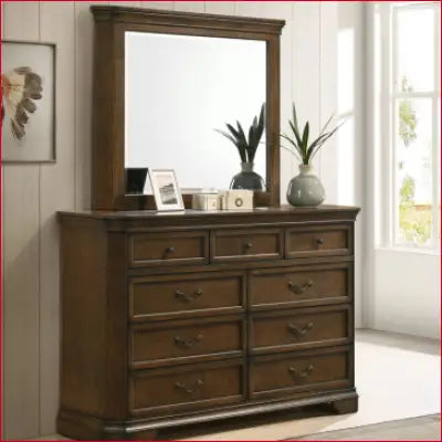 Ailany Solid Wood 6 Piece Bedroom Set with Wooden Dresser and Mirror in Antique Walnut Finish