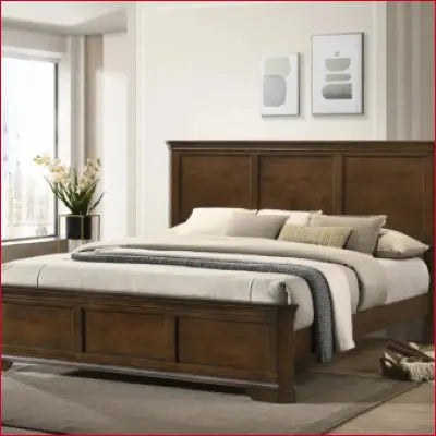 Wooden paneled bed from Ailany Solid Wood 6 Piece Bedroom Set in antique walnut finish