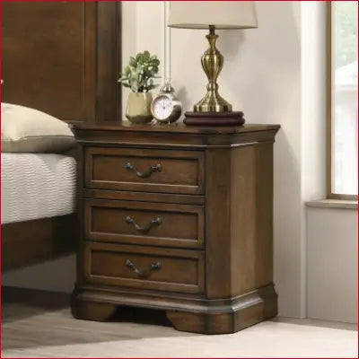 Wooden three-drawer nightstand from Ailany Solid Wood 6 Piece Bedroom Set in antique walnut finish