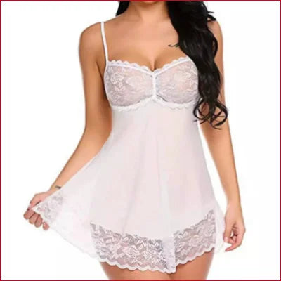 White lace sheer nightie lingerie set with matching thong and flared skirt