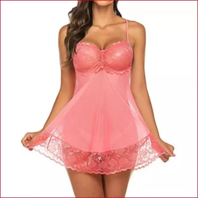 Pink sheer nightie babydoll with lace trim and matching thong, perfect for a seductive look