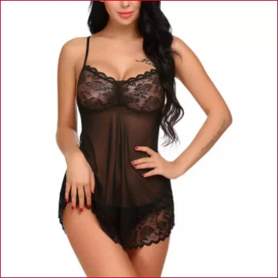 Sheer Nightie Lingerie Set with Black Lace Bodysuit and Matching Thong, Crotch Zipper