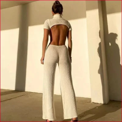 Backless Turtleneck Cutout Knitted Women’s Cocktail Jumpsuit with Wide-Leg Pants in White or Burgundy