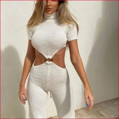 Form-fitting turtleneck cutout knitted bodysuit with ring detail and cutout sides in white