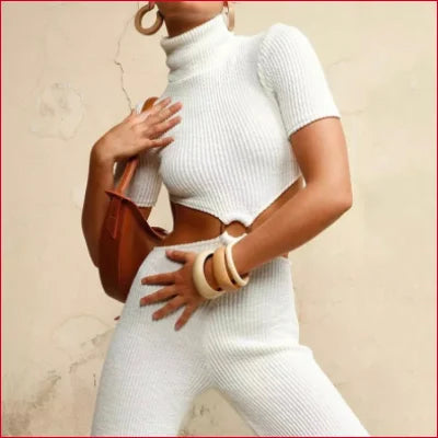 White ribbed turtleneck cutout knitted crop top with matching high-waisted pants