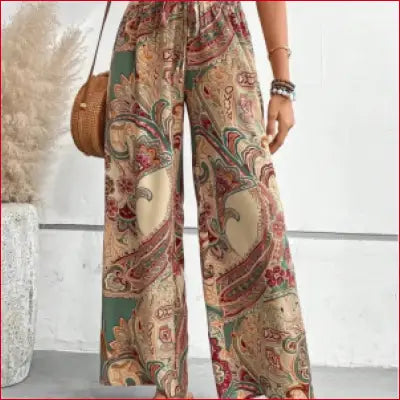 Beach Vacation Boho Pants 2025 Summer Vintage Print Wide Leg Pants Women Drawstring Elastic High Waist Full Length Trousers