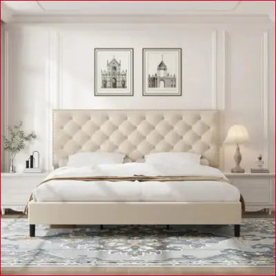 Modern Upholstered Platform Bed with Adjustable Headboard and Button Tufting Design