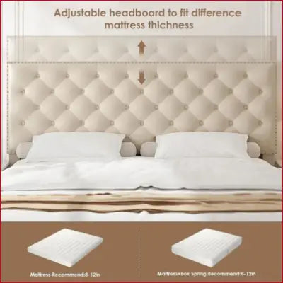 Adjustable tufted headboard of a Modern Upholstered Platform Bed with wood slat support