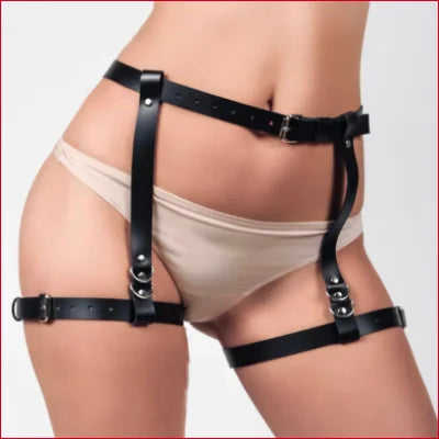 Leather belt strap waist harness enhancing curves, worn over underwear on hips and thighs