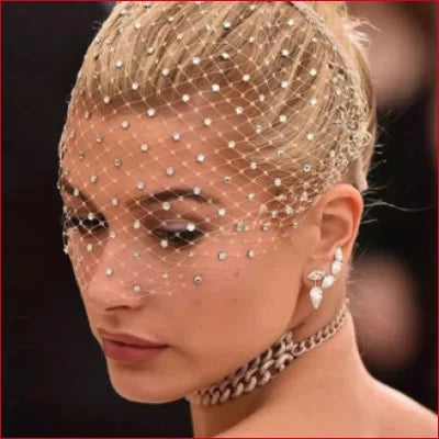 Jeweled mesh birdcage bridal veil hair hoop elegantly covering woman’s face and head