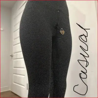 Black Spandex Crotch Zipper Leggings Padlock Capri Silver Threads - Leggings