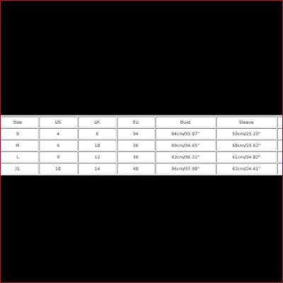 Numerical data table for Versatile Blazer Dress in White, Black, or Red Sizes S-XL