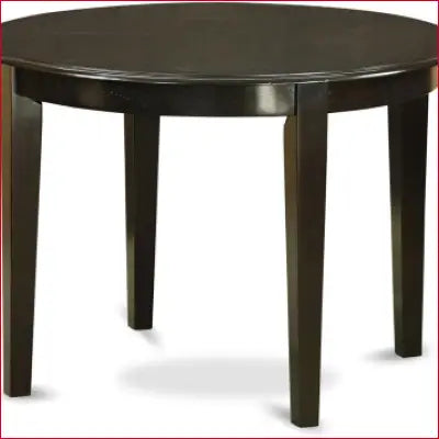 Round dark-stained wooden table in BOBA5-CAP-21 5 piece kitchen table and chairs set includes linen fabric chairs