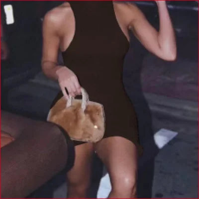 Fluffy brown teddy bear held in hands with Chic Bodycon Asymmetrical Cocktail Dress