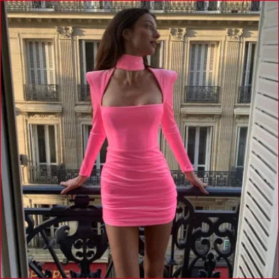 Vibrant hot pink bodycon dress with long sleeves and high collar, beautiful bodycon cocktail