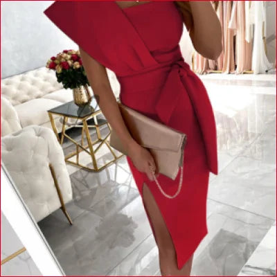 Vibrant red shoulder bodycon women’s dress with side slit and waist tie