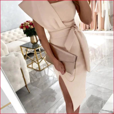 Elegant off-white shoulder bodycon women’s dress with side slit and tie waist