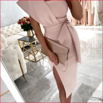 Pale pink shoulder bodycon women’s dress with side slit and tie waist detail