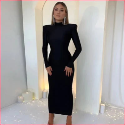 Gorgeous Bodycon Long Sleeves Club Party Dress featuring structured shoulders in black