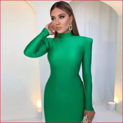 Vibrant green bodycon long sleeves dress with structured shoulders for club party style