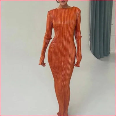 Orange ribbed bodycon maxi dress with stylish pleated long sleeves for women