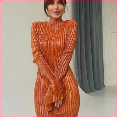 Stylish pleated long sleeves boho bodycon dress in vibrant orange ribbed fabric