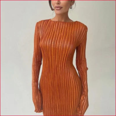 Orange ribbed stylish pleated long sleeves boho bodycon dress for women