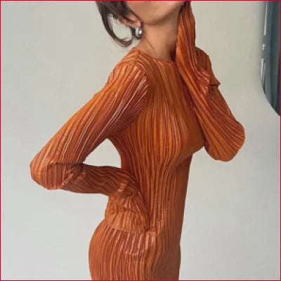 Rust-colored stylish pleated long sleeves boho bodycon dress for women