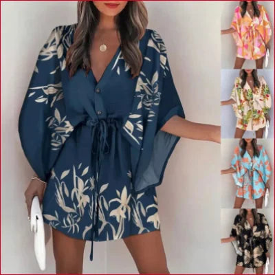 Blue floral print Bohemian Batwing V-Neck mini dress with wide sleeves and tie waist