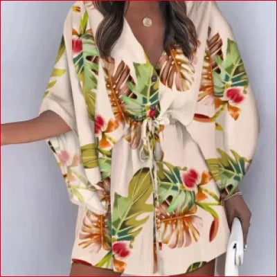 Tropical print Bohemian Batwing V-Neck Mini Dress with tie-front and three-quarter sleeves