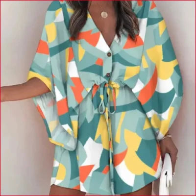 Colorful geometric patterned Bohemian Batwing V-Neck mini dress with drawstring waist