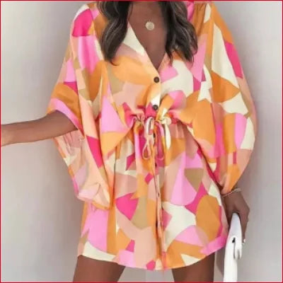 Colorful geometric-patterned Bohemian Batwing V-Neck Mini Dress with wide sleeves