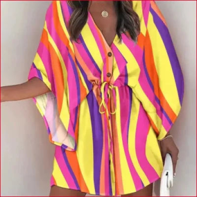 Vibrantly striped Bohemian Batwing V-Neck Mini Dress with plunging neckline and drawstring waist