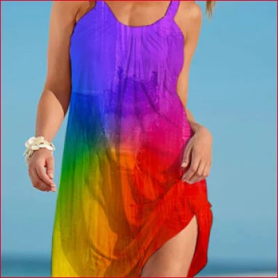 Vibrant Boho Summer Blue Purple Rainbow Gradient Sundress in sizes S to 4XL