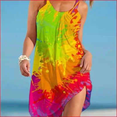 Vibrant Boho Summer Green Yellow Splatter Dress with side slit for beach style