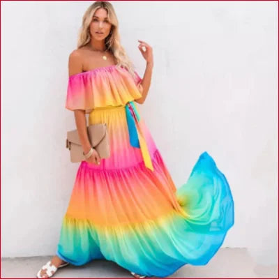 Vibrant Boho Summer Long Rainbow Gradient Dress with Ruffled Top and Flowing Skirt