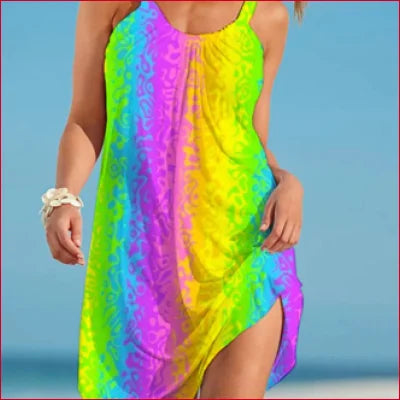 Vibrant summer vertical rainbow beach cover-up dress with spaghetti straps