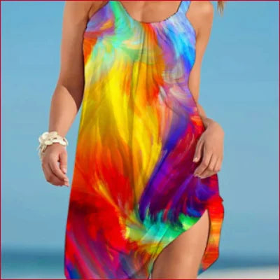 Vibrantly tie-dyed sleeveless sundress in yellow orange rainbow gradient for women