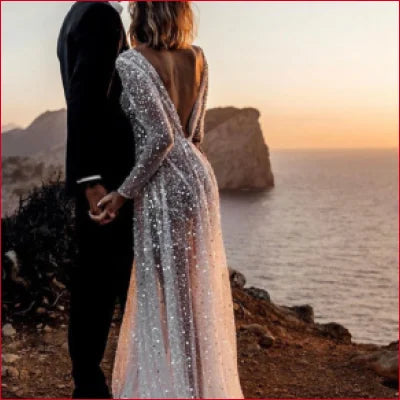 Boho See Though Wedding Dress Sheer Sequinned Backless Bridal Gown