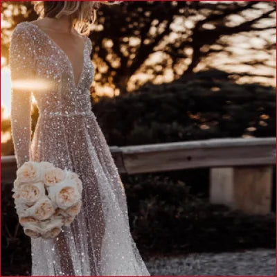 Sparkling White Boho Lace Sheer Backless Sequined A-Line Wedding Dress with roses