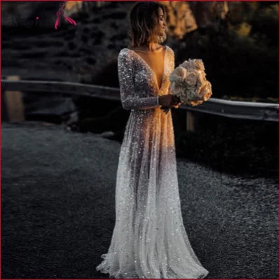 Sparkling white boho lace sheer backless sequined A-line wedding dress with sleeves