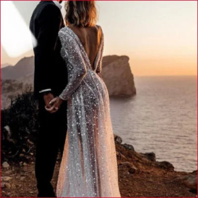 Boho See Though Wedding Dress Sheer Sequinned Backless Bridal Gown