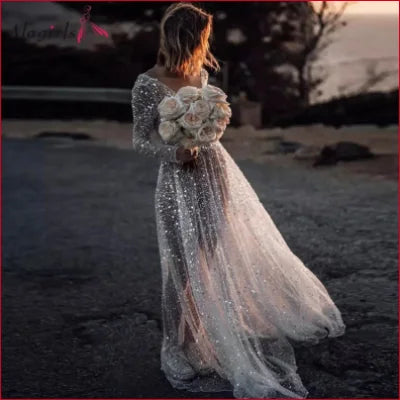 Sparkling White Boho Lace Sheer Backless Sequined A-Line Wedding Dress with Bouquet