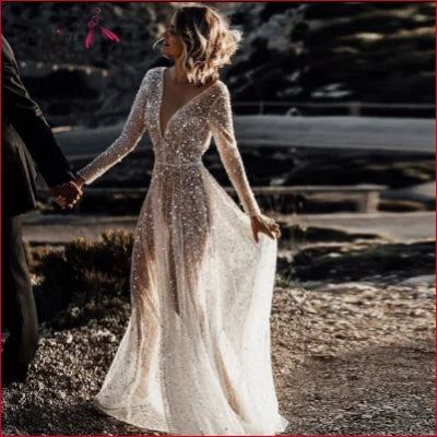 Sparkling white boho lace sheer backless A-line wedding dress with long sleeves