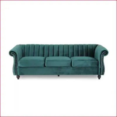 Emerald green velvet Bowie 84 inch flared arm nailhead trim sofa in teal color