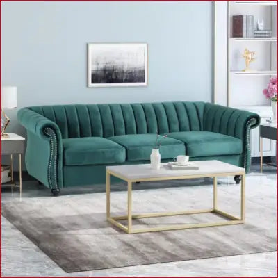 Emerald green velvet Bowie 84 in. flared arm nailhead trim sofa for stylish interiors